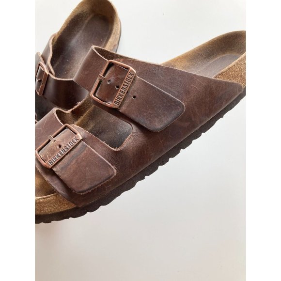 Lot of 2 BIRKENSTOCK Arizona Brown Oiled Leather Strappy Sandals Slides, Size 44 - Picture 6 of 16